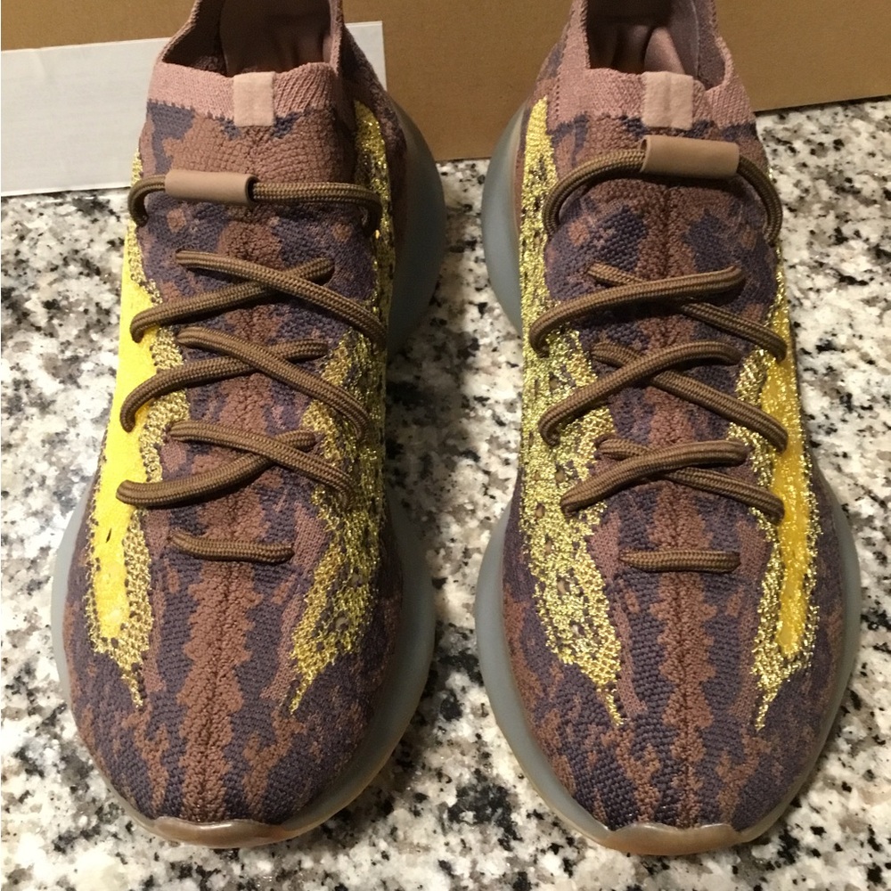 adidas Brown Knit Sneakers with Yellow Stripe Accents